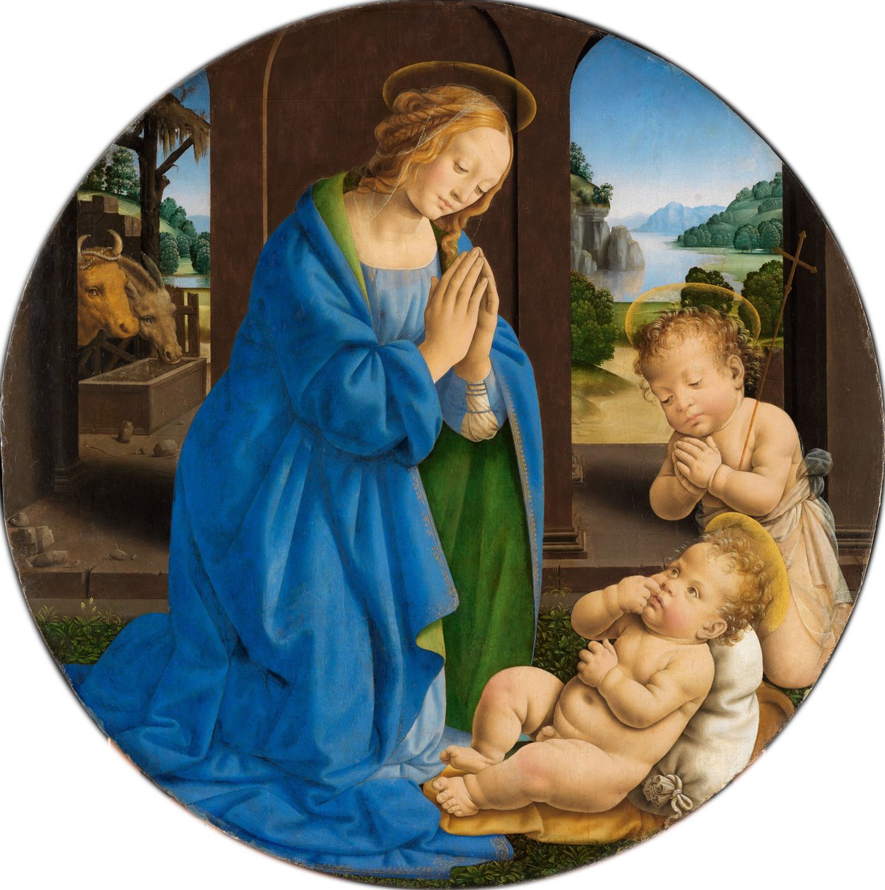 Maria die het Kind aanbidt, met de jonge Johannes door Lorenzo di Credi