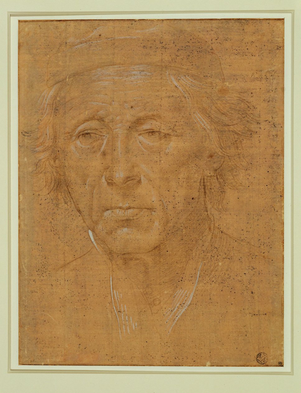 Portret van een oude man, gezicht, met pet ... door Lorenzo di Credi