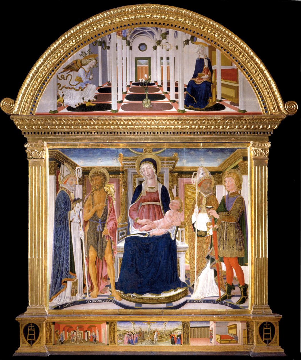Madonna met Kind en Heiligen Blaise, Johannes de Doper, Nicolaas en Florian. De Aankondiging, 1462 door Lorenzo di Pietro