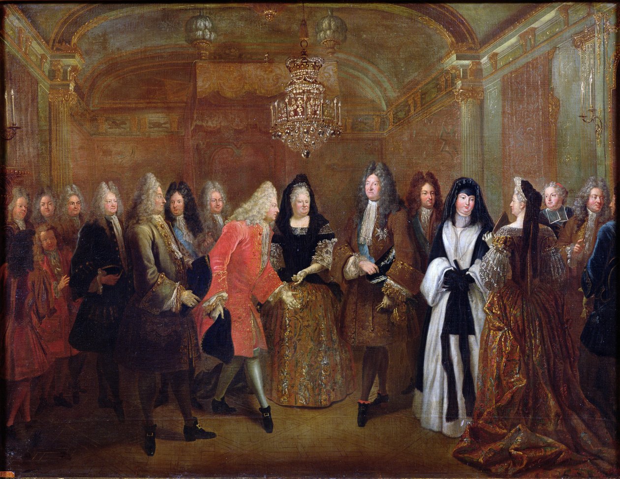 Lodewijk XIV (1638-1715) verwelkomt de keurvorst van Saksen, Frederik Augustus II (1670-1733) in Fontainebleau, 27 september 1714, 1715 door Louis de Silvestre