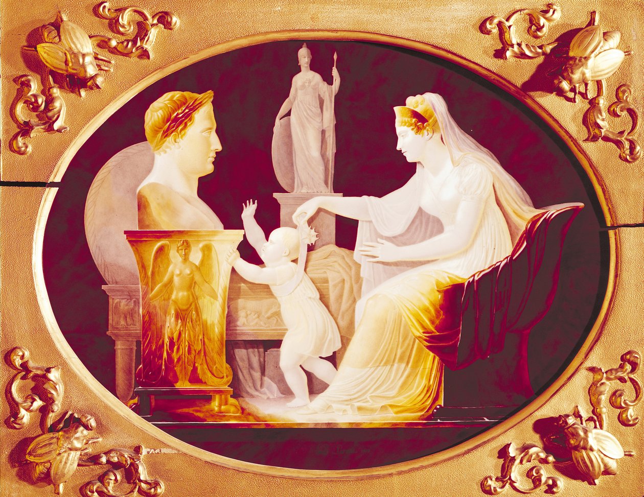 Marie-Louise van Oostenrijk (1791-1847) leidt haar zoon, met het lint van een medaille van het Legioen van Eer, naar een buste van Napoleon Bonaparte (1769-1821) 1813 door Louis Bertin Parant
