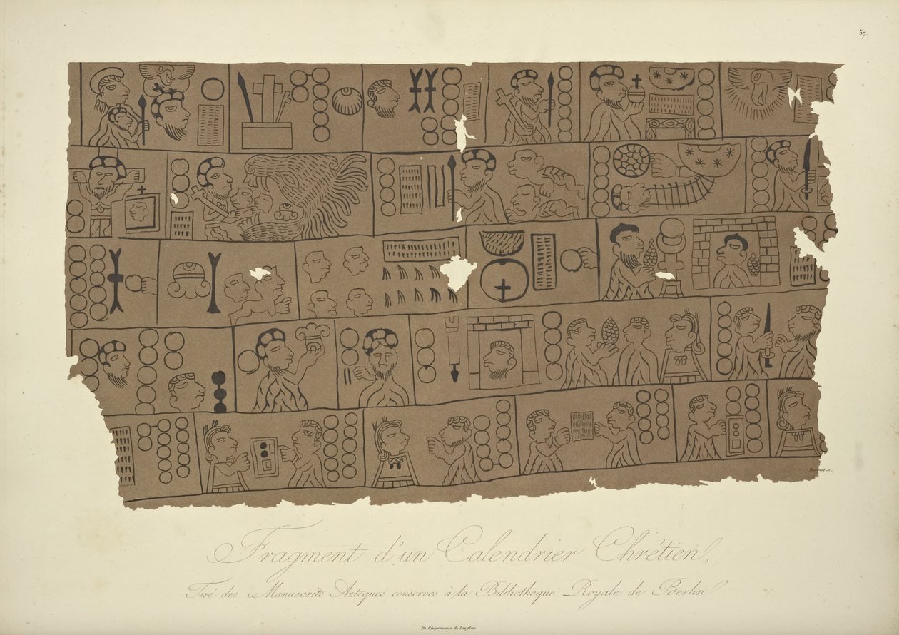 Fragment van een christelijke kalender, getekend uit een Azteeks manuscript in de Staatsbibliotheek van Berlijn, illustratie uit Vues des Cordillères et Monumens des Peuples Indigènes de l