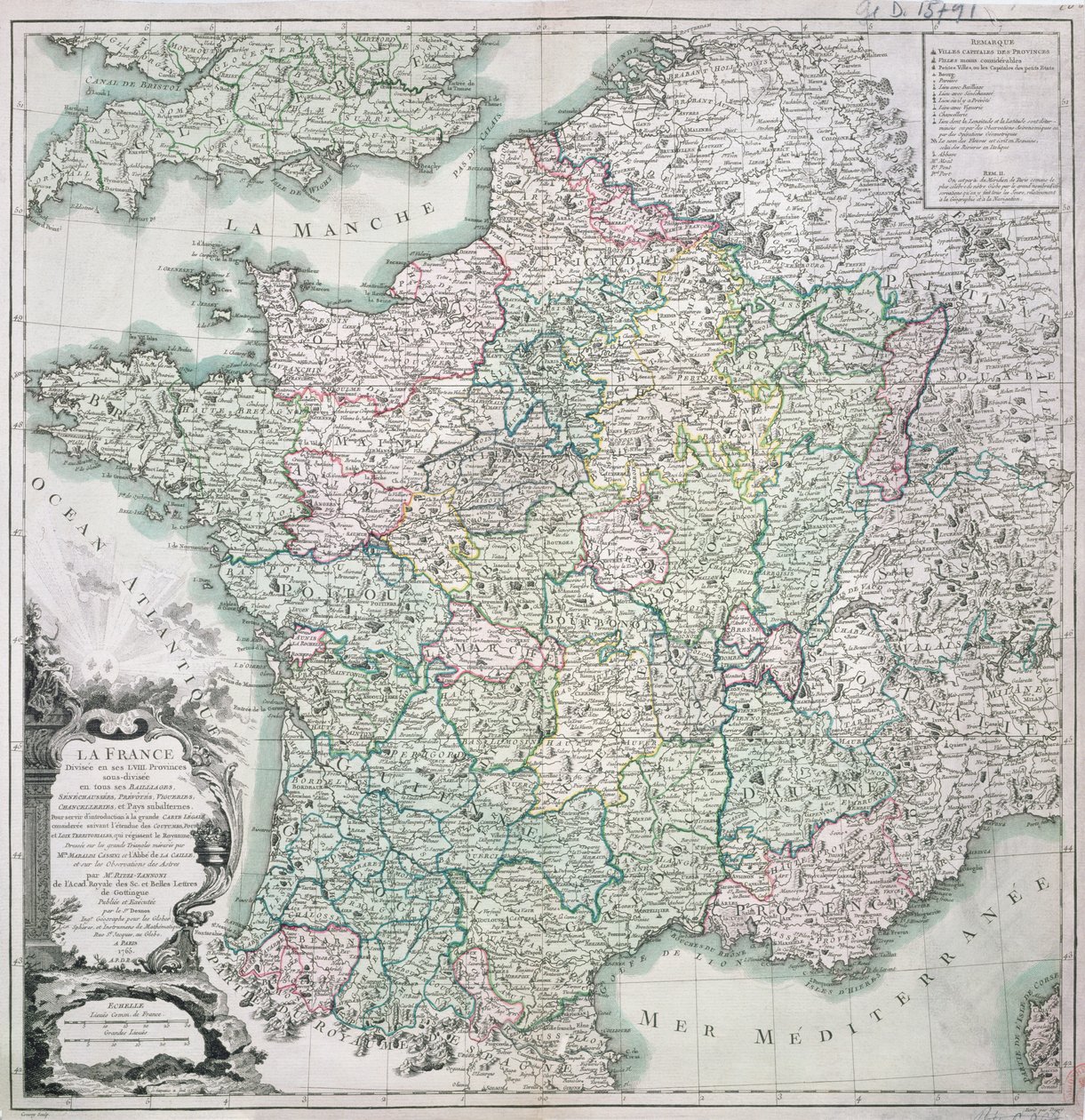 Kaart van Frankrijk verdeeld in 58 provincies, 1765 door Louis Charles Desnos