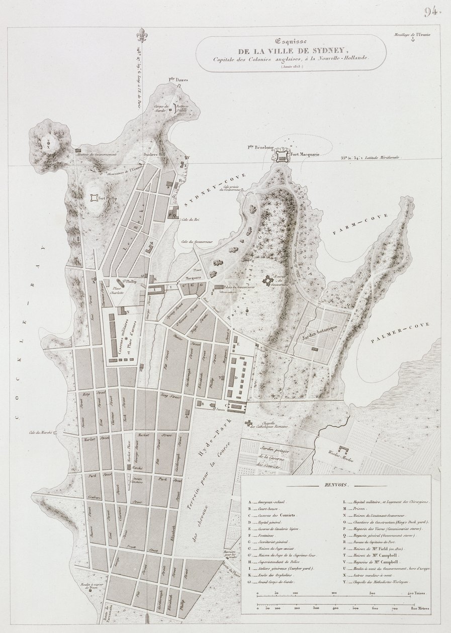 Plattegrond van de stad Sydney, uit Voyage Autour du Monde (1817-20), gepubliceerd 1822-24 door Louis Claude Desaulses de Freycinet