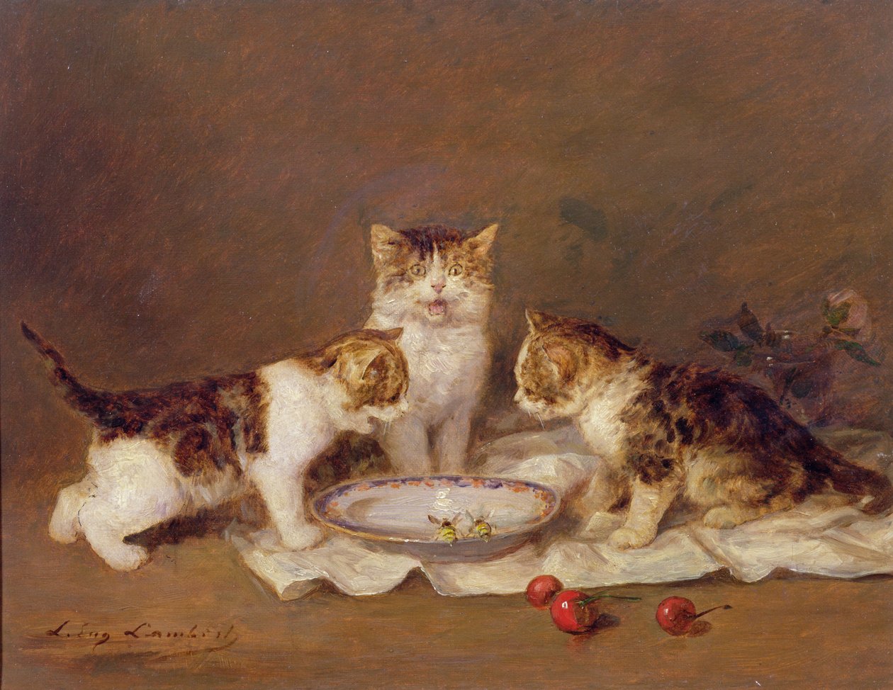 Drie katten, rode kersen en bijen door Louis Eugene Lambert