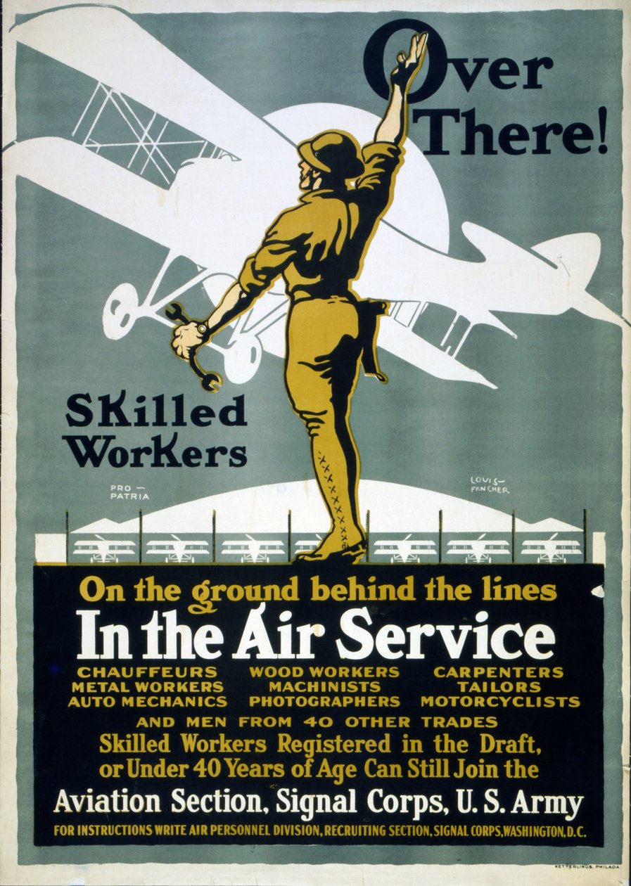 Daar! Geschoolde arbeiders op de grond achter de linies - In de luchtmacht, 1917 door Louis Fancher