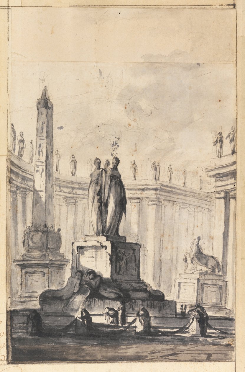 Architectonische fantasie met fontein en obelisk door Louis Joseph Le Lorrain