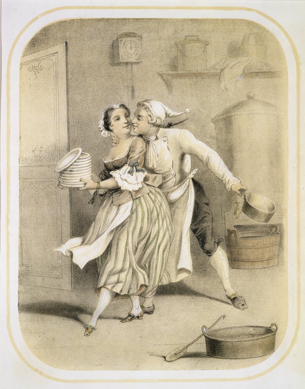 Lust in de keuken, uit een serie prenten die de zeven hoofdzonden uitbeelden, ca. 1850 door Louis Leopold Boilly