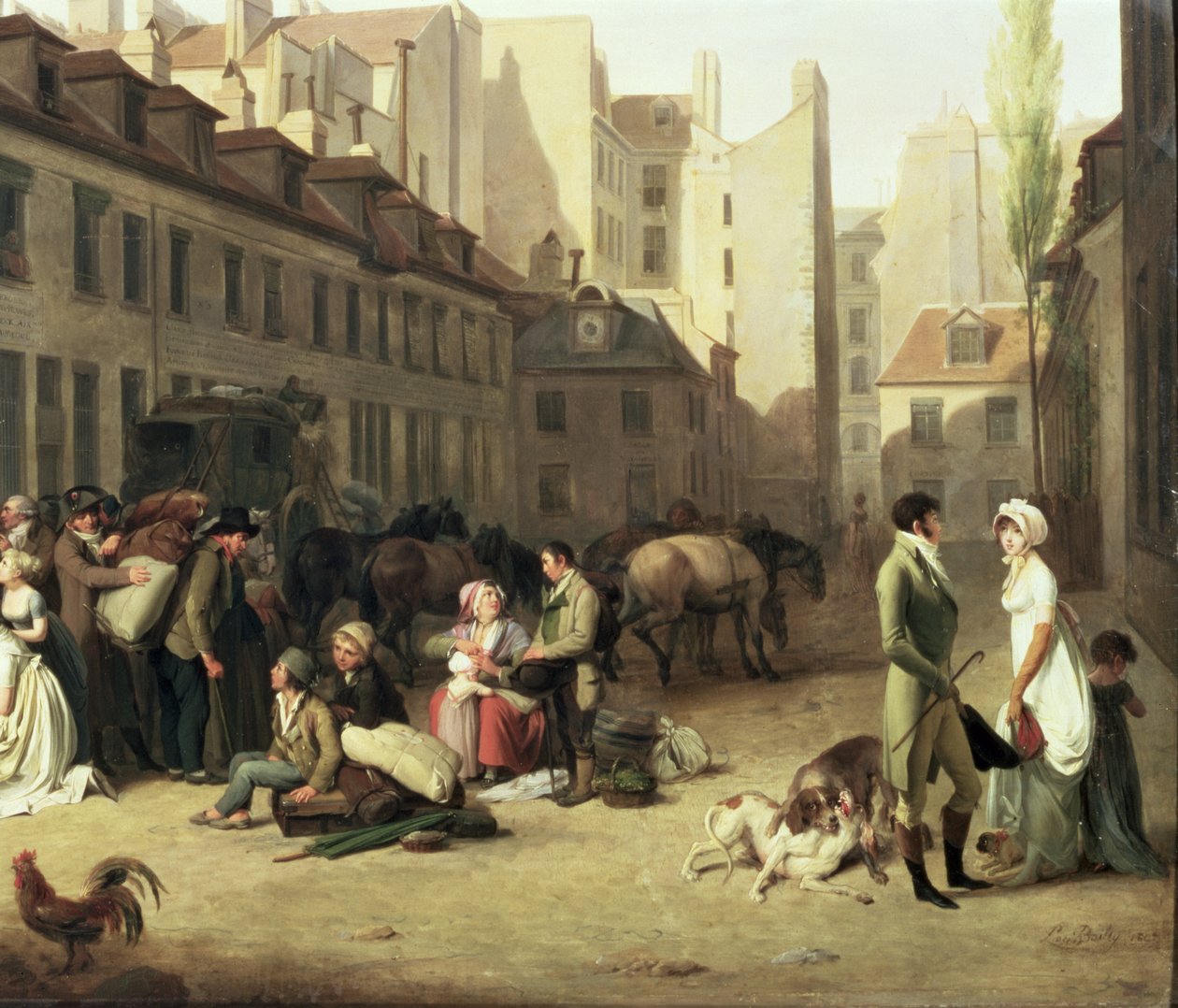 De Aankomst van een Postkoets bij het Eindpunt, detail van enkele passagiers door Louis Leopold Boilly