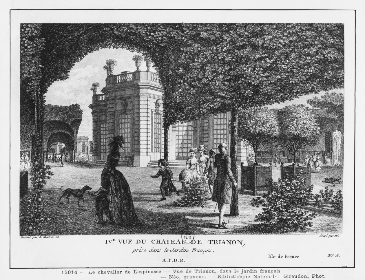 Vierde uitzicht op Trianon, genomen in de Franse tuin, gegraveerd door François Denis Nee (1732-1817) door Louis Nicolas de Lespinasse