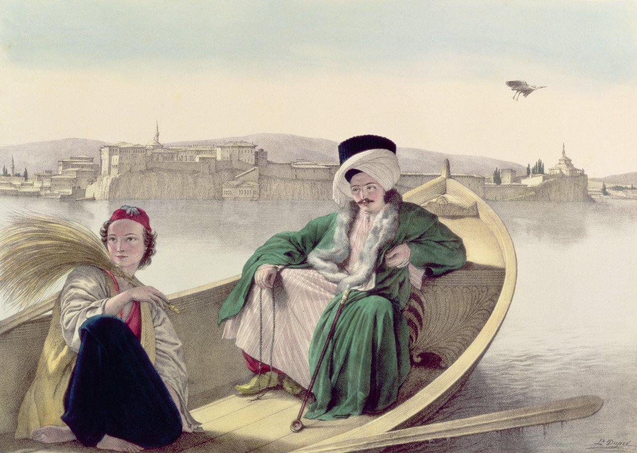 Reis naar Athene en Constantinopel: paleis en fort van Janina, gezien vanaf het meer, een Turk en een jonge Griek door Louis after Dupre