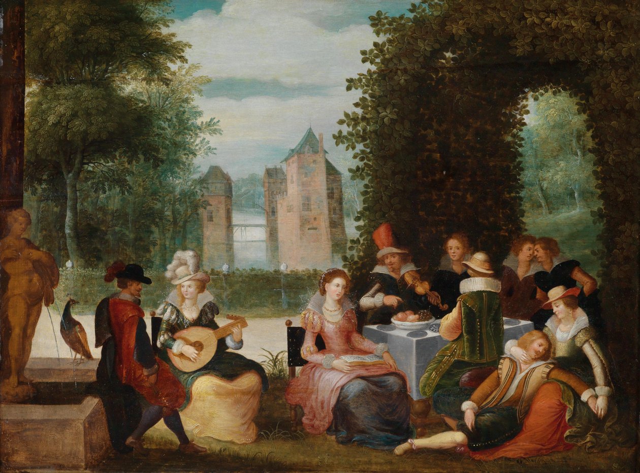 Elegante muziekmakende gezelschap in een park door Louis de Caullery