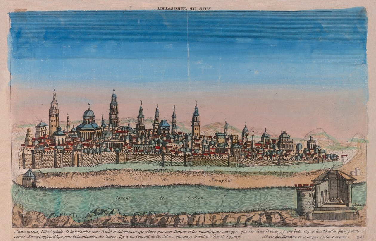 Jeruzalem (hoofdstad van Palestina onder David en Salomo...) - Werk van Louis Joseph Mondhare (actief midden 18e eeuw), kopergravure, ingekleurd met aquarel door Louis Joseph Mondhare
