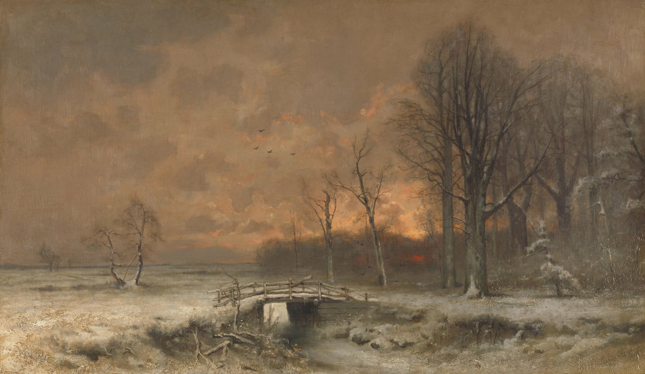 Winters tafereel met de zon die achter de bomen ondergaat door Louis Apol