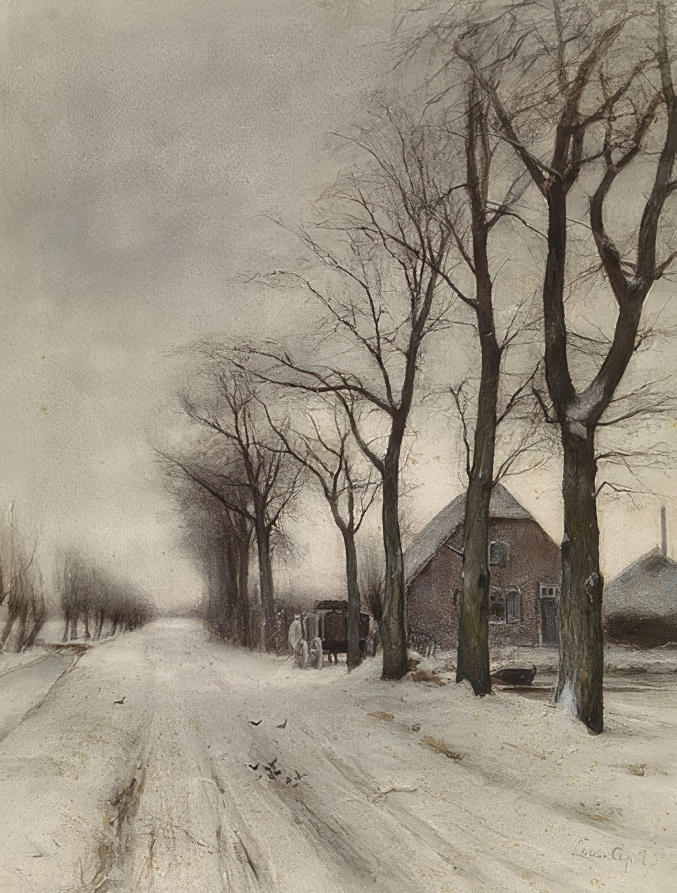 Winterlandschap met boerderij aan een laan door Louis Apol