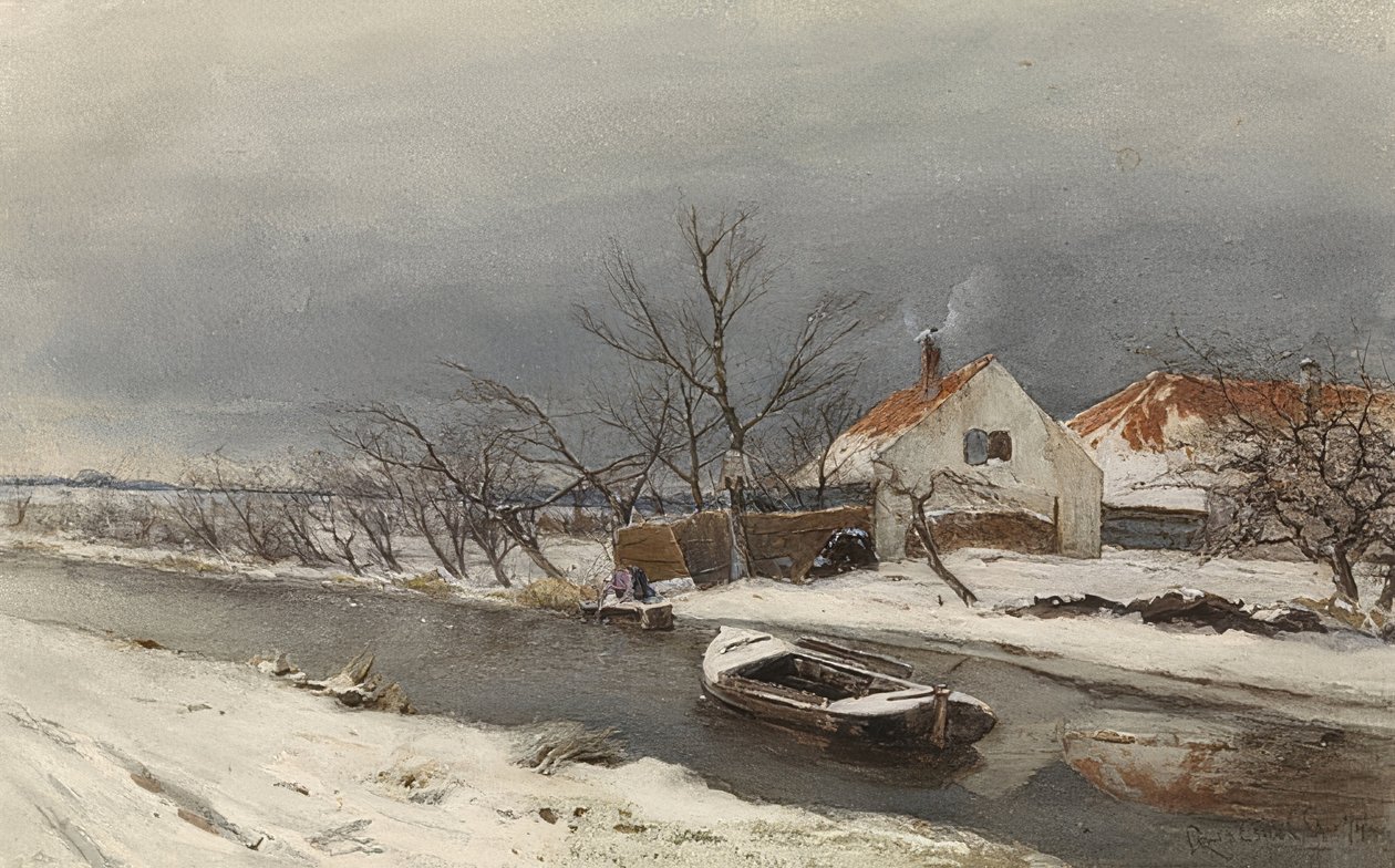 Winterlandschap met huizen en een kanaal. 1874 door Louis Apol