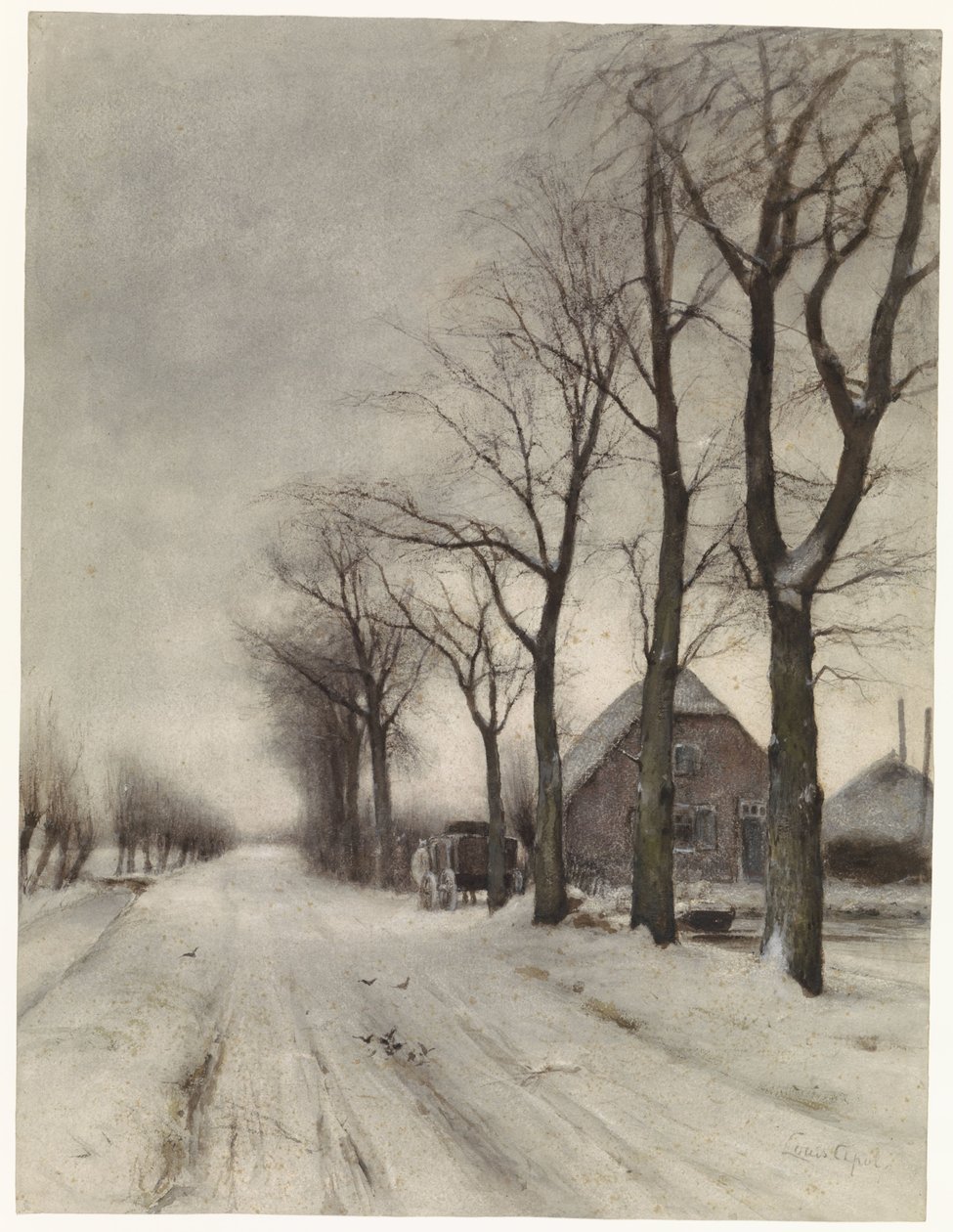 Winterlandschap met boerderij aan een laan door Louis Apol