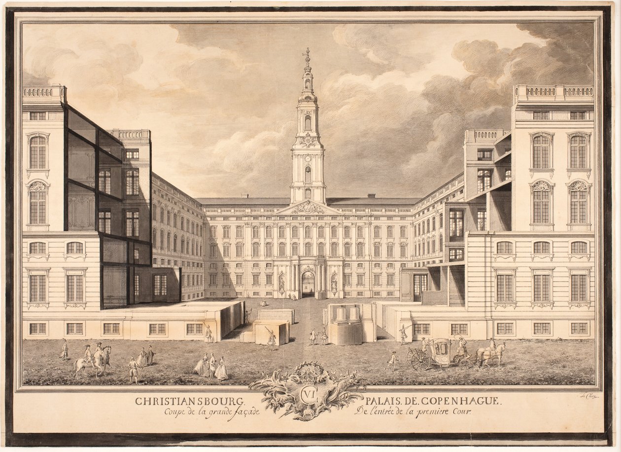 Christiansbourg Palais de Copenhague. Doorsnede van de grote gevel van de ingang van de eerste binnenplaats door Louis Auguste Le Clerc