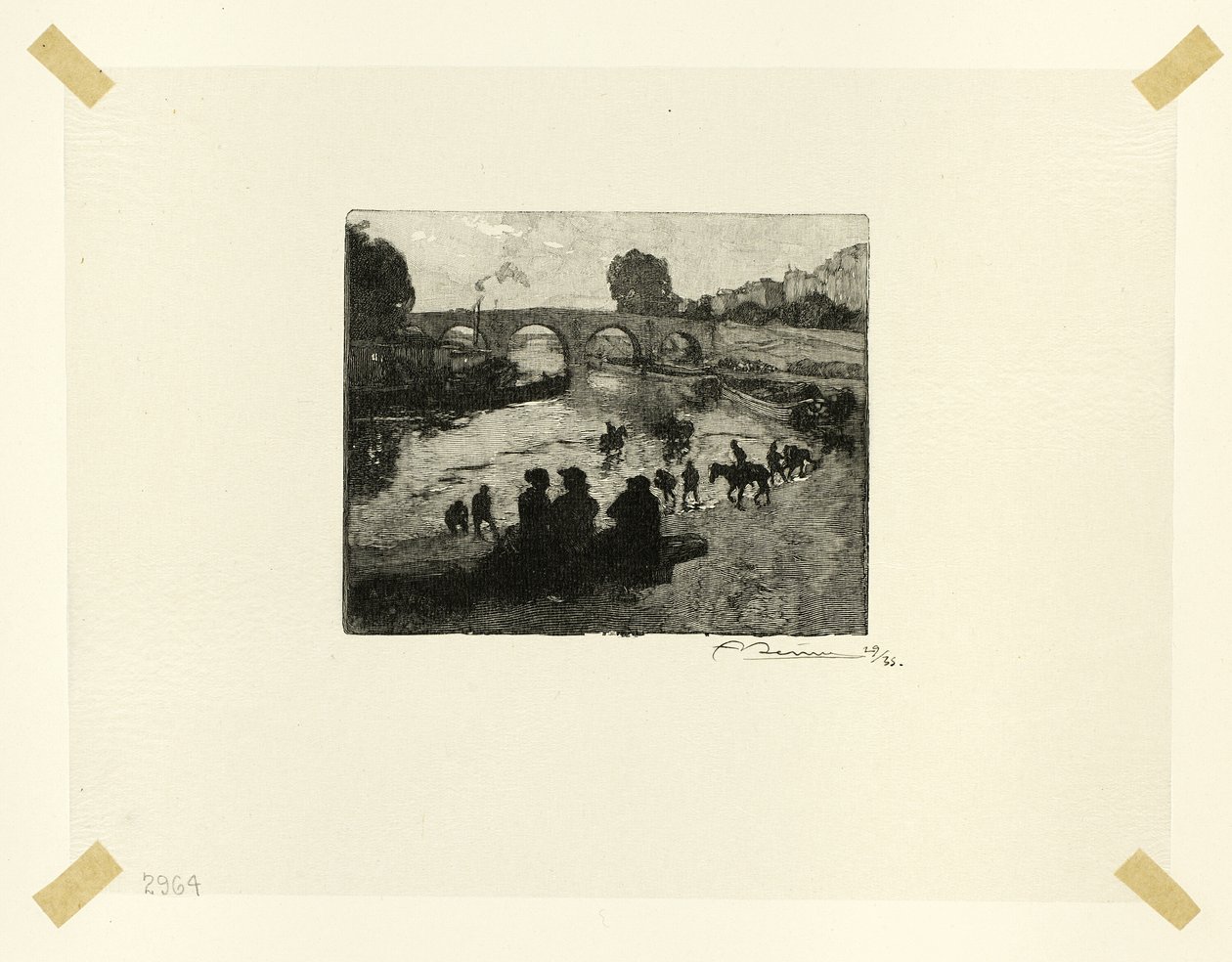 De paardenvijver bij de Pont Marie, plaat tien uit Le Long de la Seine et des Boulevards door Louis Auguste Lepère
