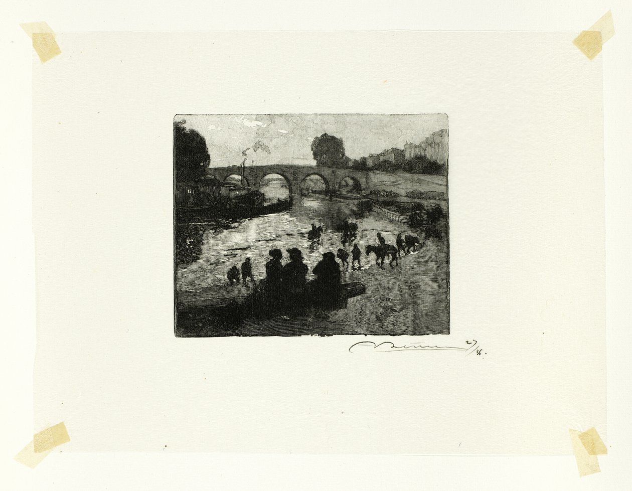 De paardenvijver bij de Pont Marie, plaat tien uit Le Long de la Seine et des Boulevards door Louis Auguste Lepère