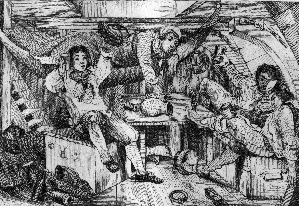 Ik was dronken en in een nacht van losbandigheid verdronk ik al mijn berouw... gravure naar de tekening van M. de Sainson voor het Boek van Daniel Defoe "Robinson Crusoe" Franse editie van 1837 door Louis Auguste de Sainson
