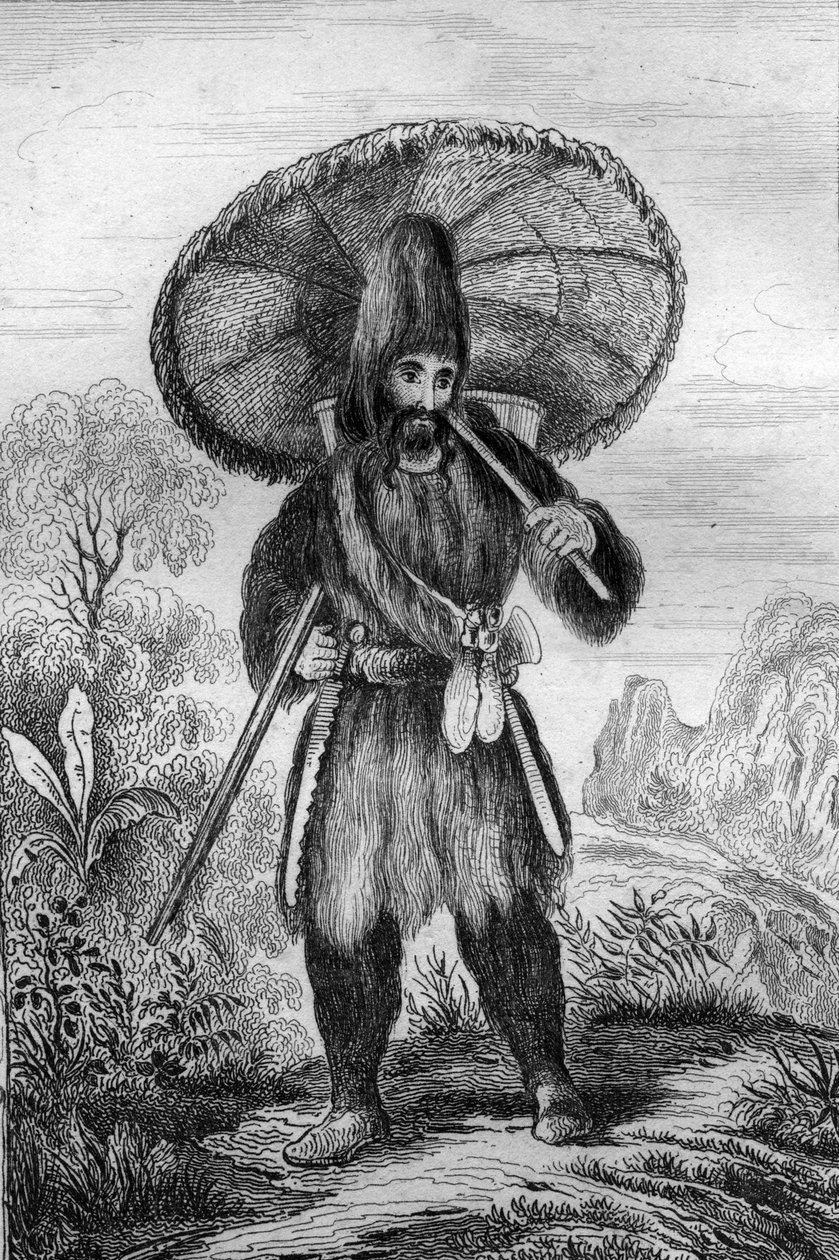 Ik droeg een hoed van een hoogte... gravure naar de tekening van M. de Sainson voor het boek van Daniel Defoe 