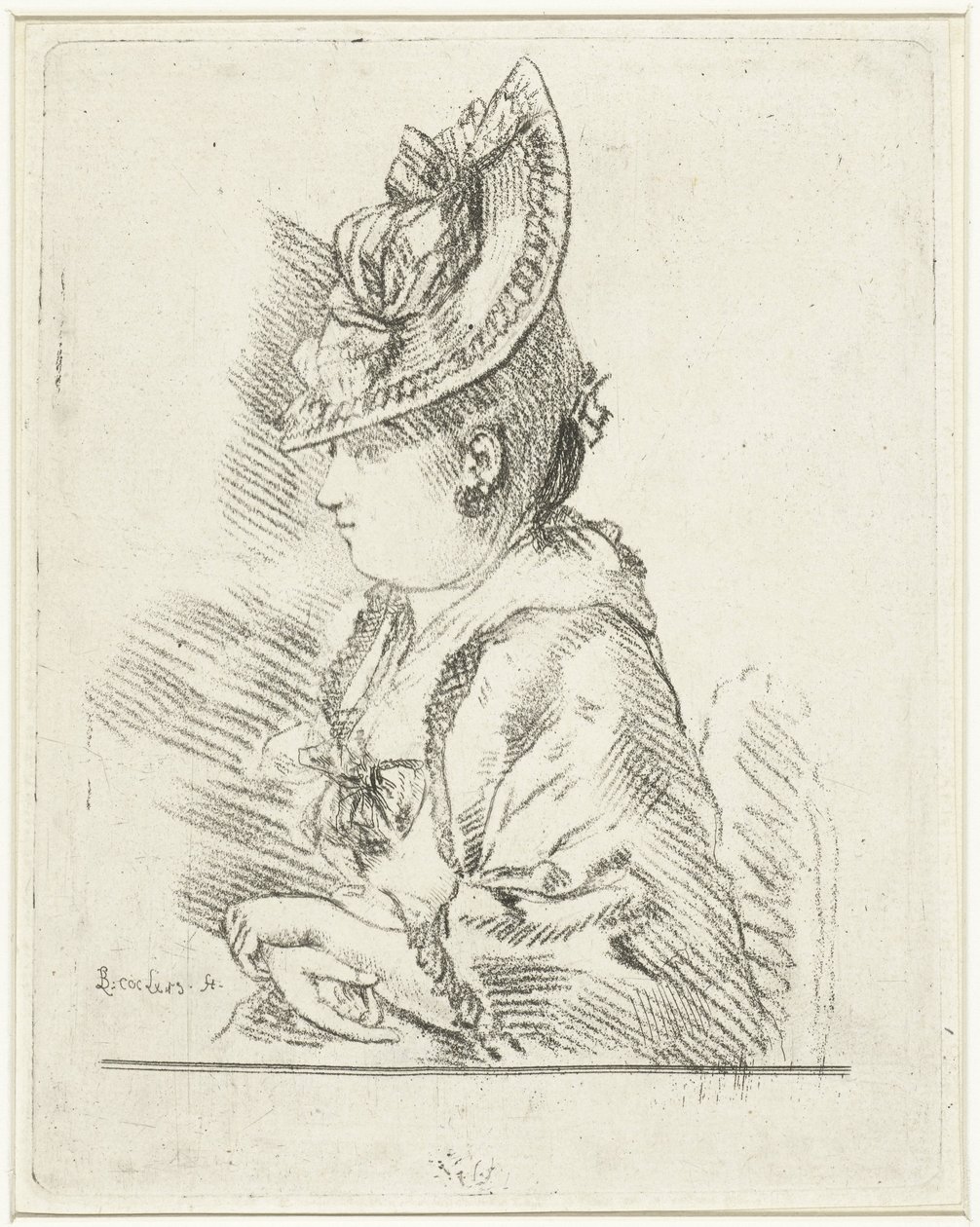 Portret van een jonge dame met hoed in profiel naar links door Louis Bernard Coclers
