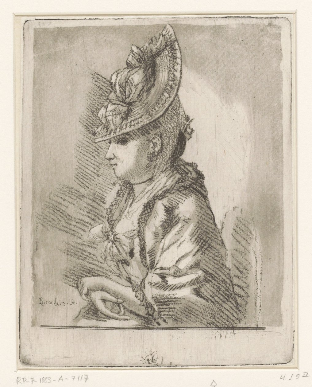 Portret van een jonge dame met hoed in profiel naar links door Louis Bernard Coclers