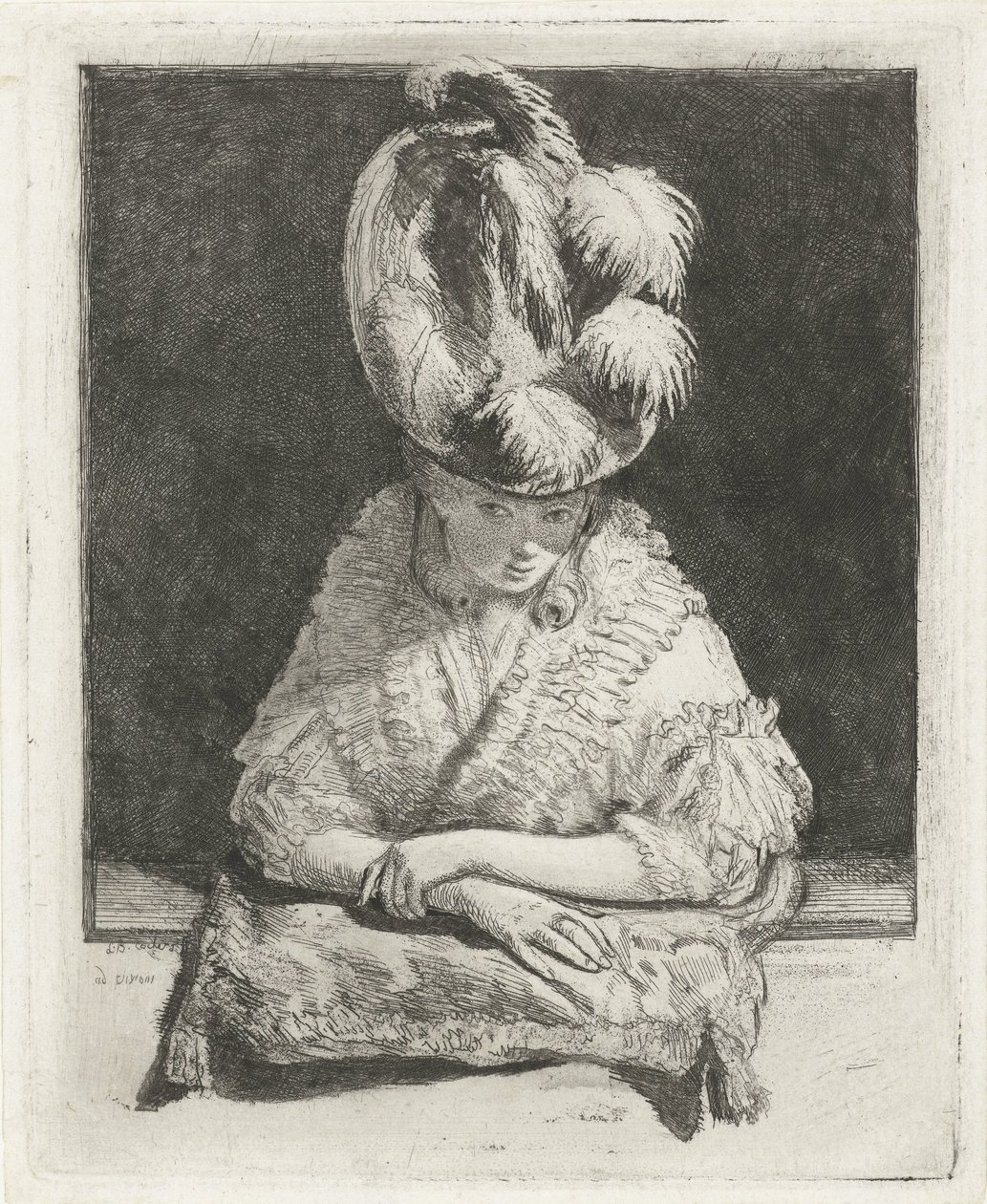 Portret van een jonge vrouw met hoed die uit het raam kijkt door Louis Bernard Coclers