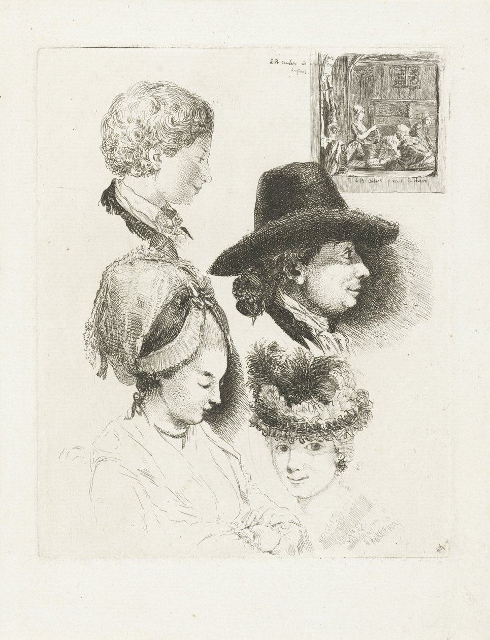 Studieblad met portretten van Louis Bernard Coclers en zijn familie door Louis Bernard Coclers