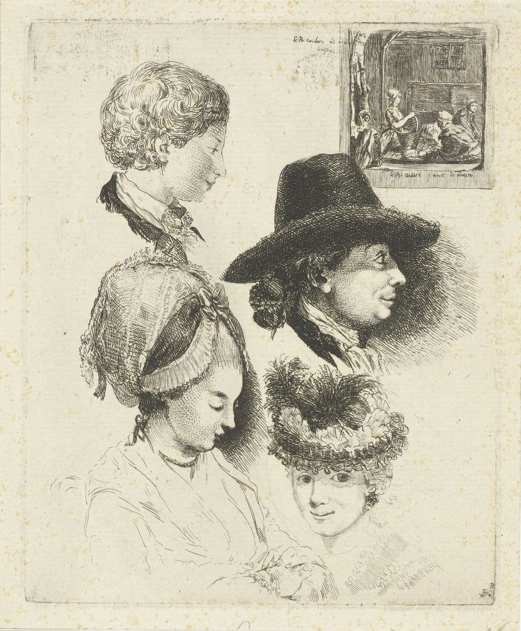 Studieblad met portretten van Louis Bernard Coclers en zijn familie door Louis Bernard Coclers