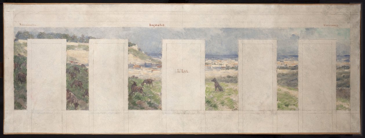 Schets voor het gemeentehuis van Bagnolet: Gezicht op de omgeving van Bagnolet (oost) door Louis Beroud