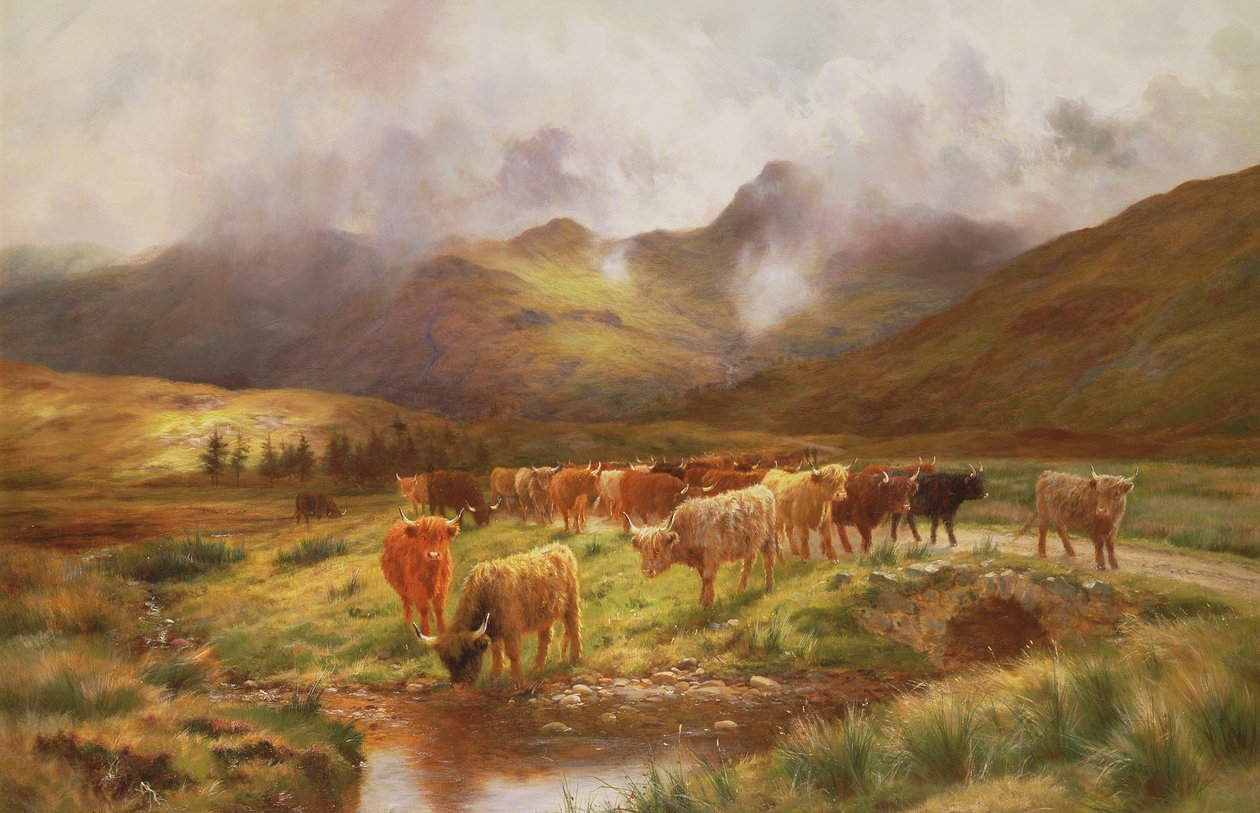 Een Schotse kudde in Strathfillan, Perthshire door Louis Bosworth Hurt
