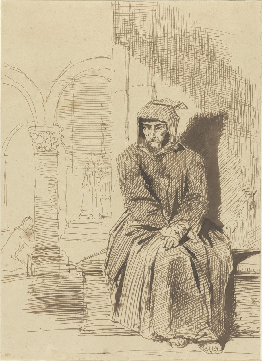 Zittende monnik, in overpeinzing, terwijl op de achtergrond de mis wordt gecelebreerd door Louis Boulanger