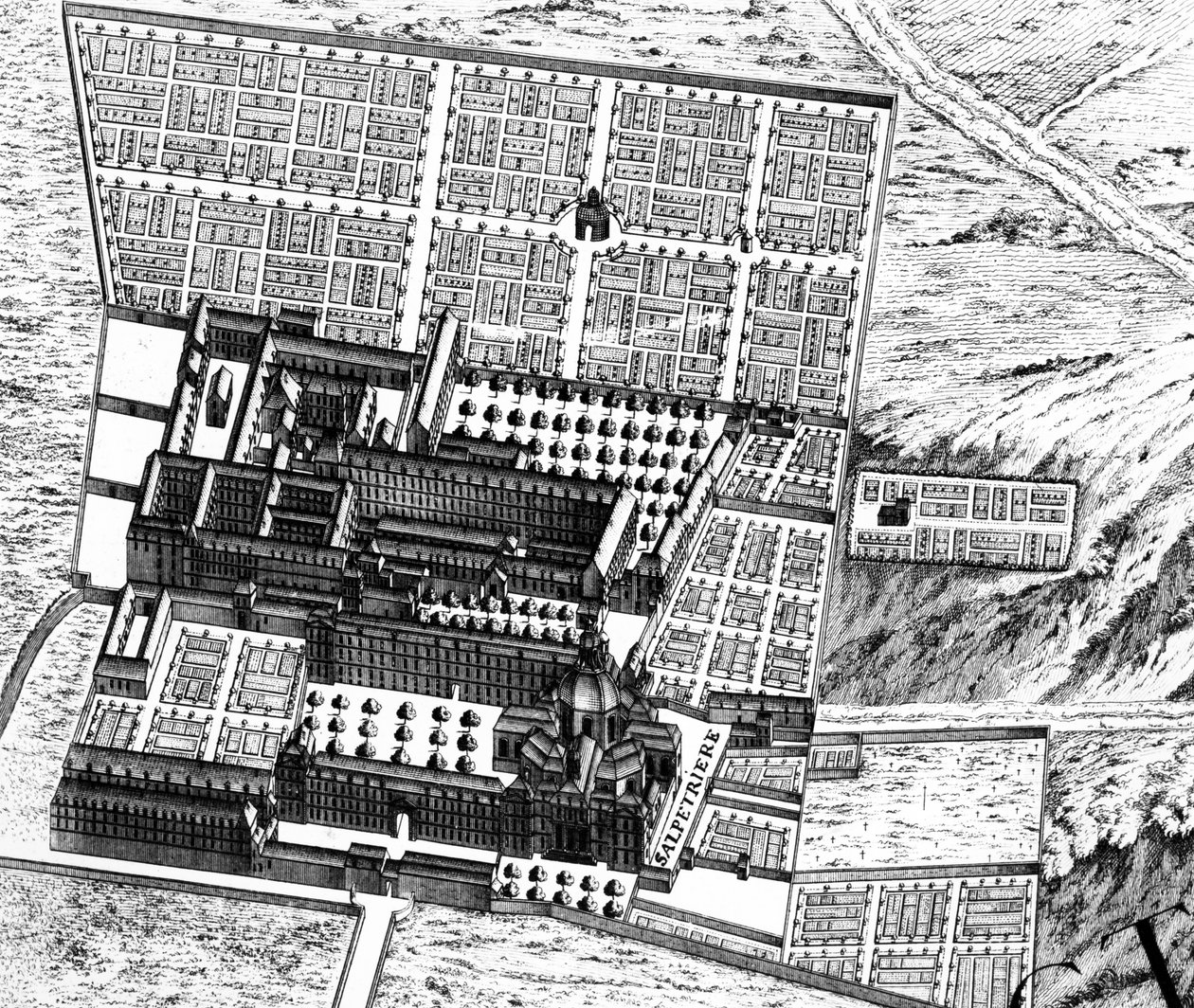 Het ziekenhuis van La Salpêtrière, detail van het Plan van Parijs, bekend als het Plan de Turgot, gegraveerd door Claude Lucas, 1734-39 gravure (detail) door Louis Bretez
