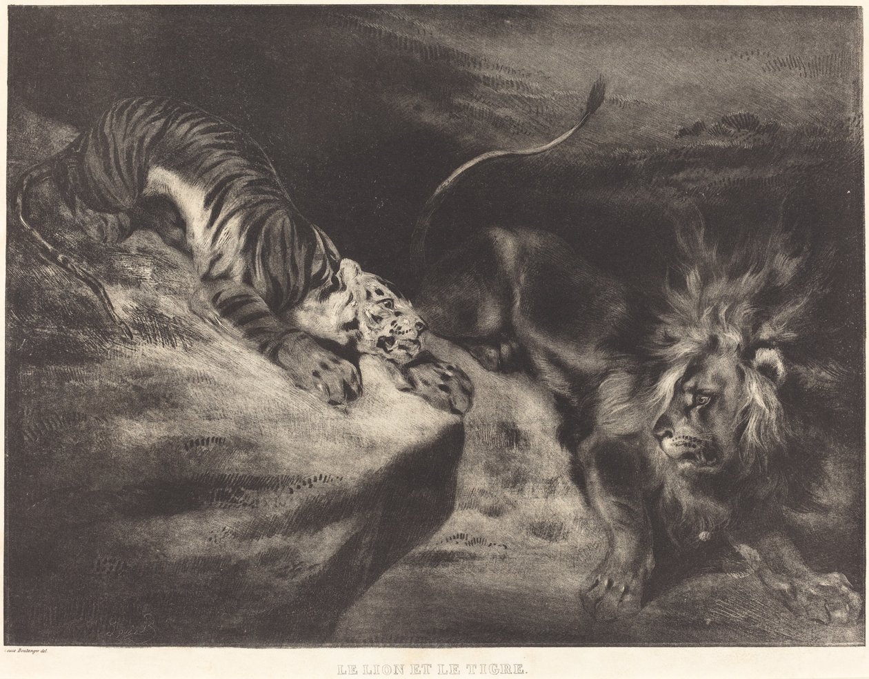 De leeuw en de tijger door Louis Candide Boulanger after Eugène Delacroix