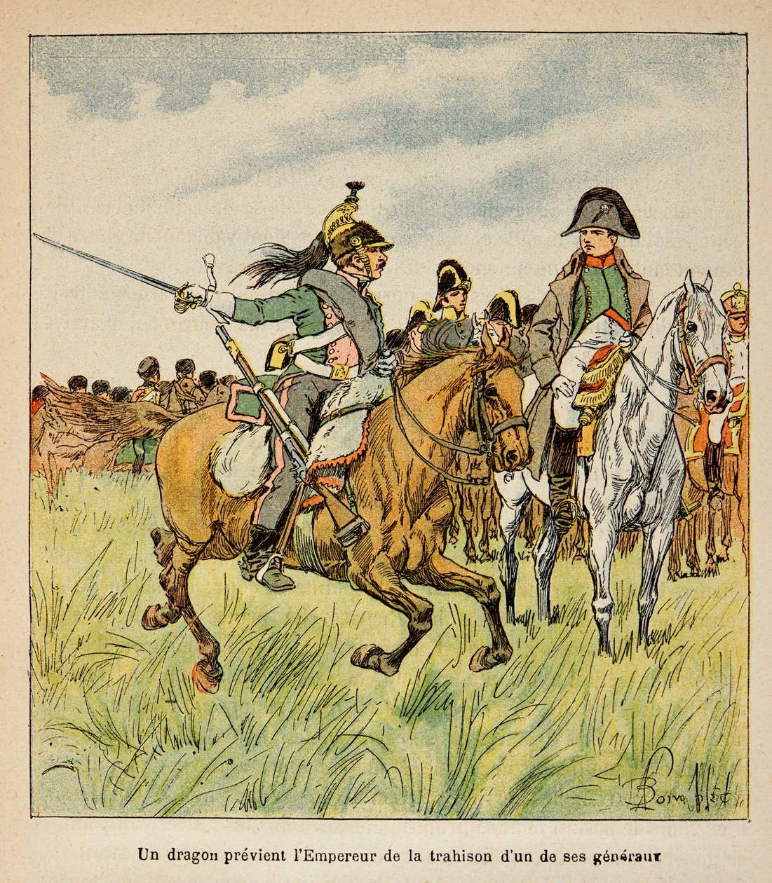 Illustratie van Bombled Louis (1862-1927) door Graaf Emmanuel de Las Cases (1766-1842): een draak waarschuwt de keizer voor het verraad van een van zijn generaals tijdens de Slag bij Waterloo in juni 1815, Privécollectie door Louis Charles Bombled