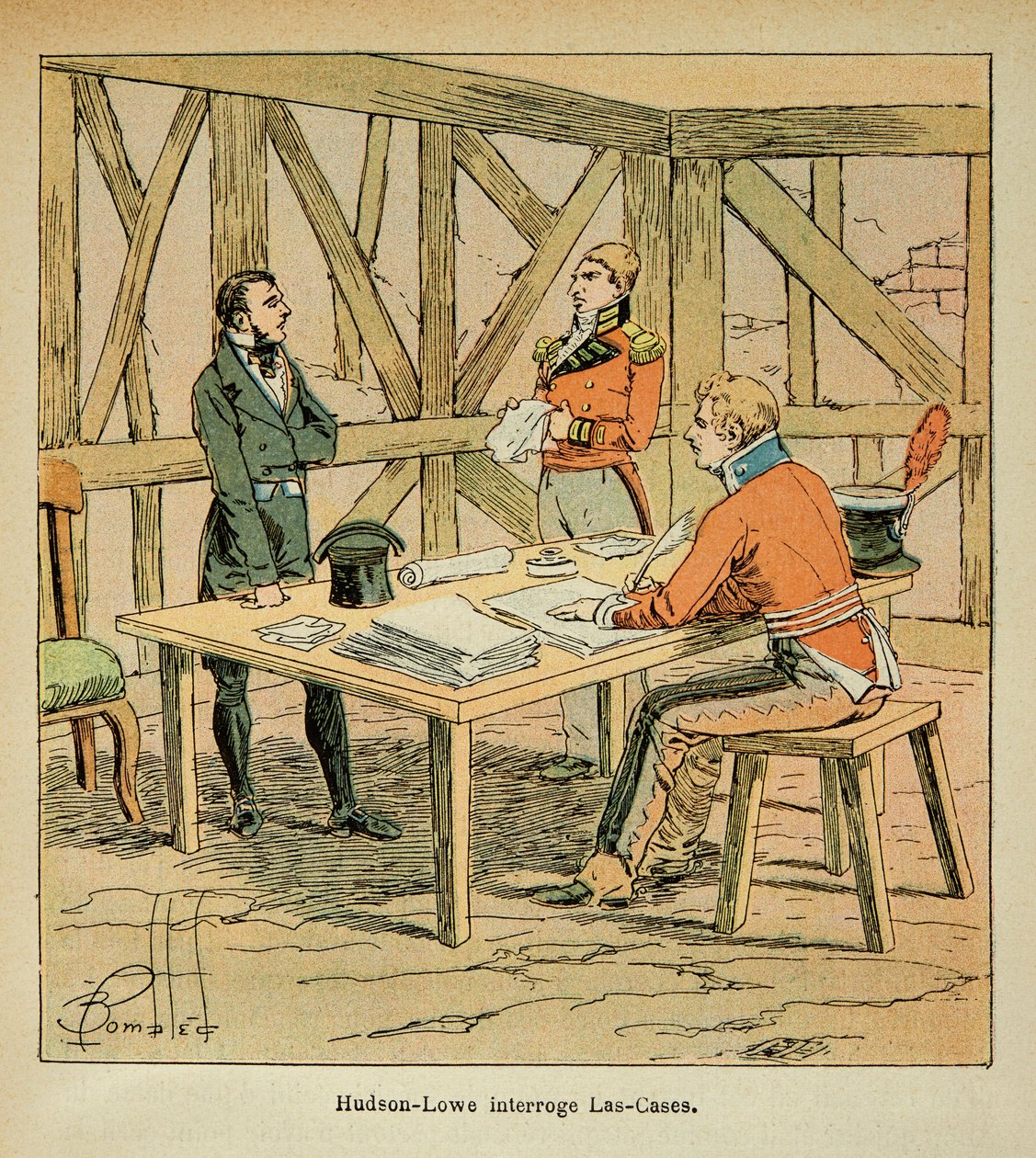 Illustratie van Bombled Louis (1862-1927) uit Graaf Emmanuel de Las Cases (1766-1842): Gouverneur Hudson Lowe (1769-1844) ondervraagt Las Cases, Privécollectie door Louis Charles Bombled