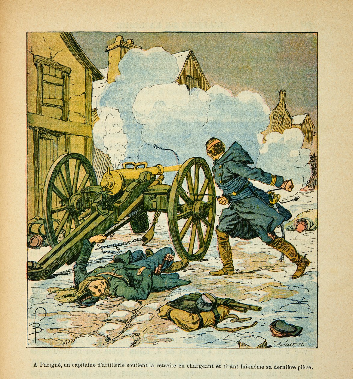 Het leger van de Loire door Eugene Sergent, alias Grenest, geïllustreerd door Louis Bombled (1862-1927) (Frans-Duitse Oorlog; campagne van 1870-1871): Bij Parigne, een artilleriekapitein ondersteunde de terugtocht door zijn laatste stuk te laden en af te v door Louis Charles Bombled