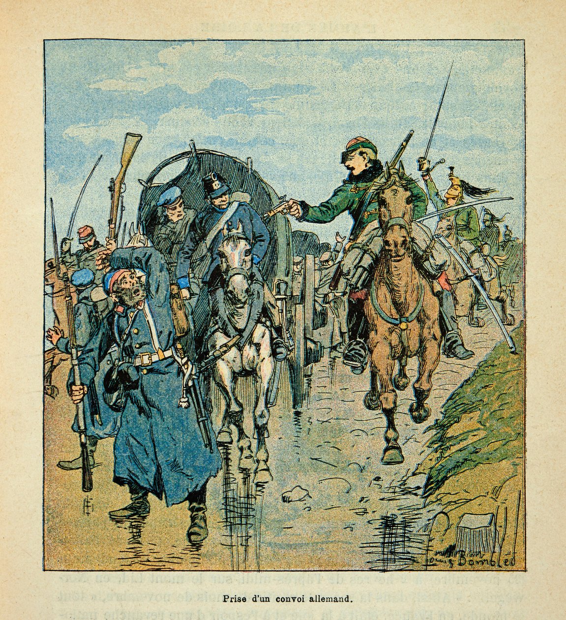 Het leger van de Loire door Eugene Sergent, alias Grenest, geïllustreerd door Louis Bombled (1862-1927) (Frans-Duitse Oorlog; campagne van 1870-1871): Inname van een Duitse konvooi door de Fransen tijdens de oorlog van 1870, Privécollectie door Louis Charles Bombled