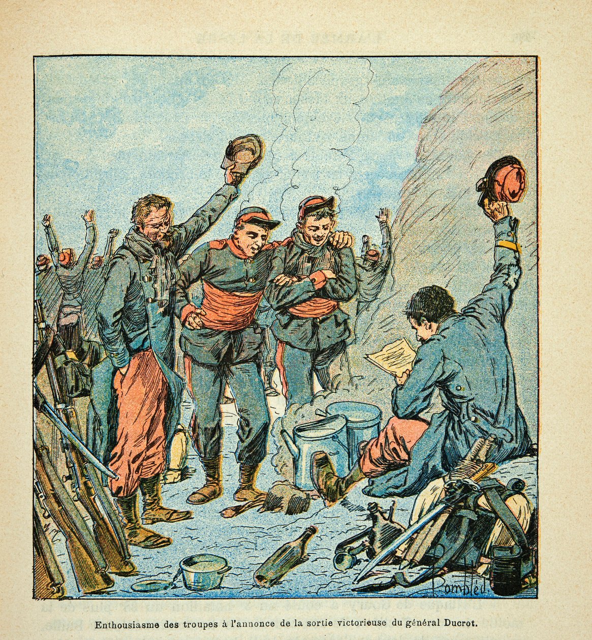 De soldaten van de Armee de la Loire enthousiast bij de aankondiging van de overwinning van generaal Ducrot door Louis Charles Bombled