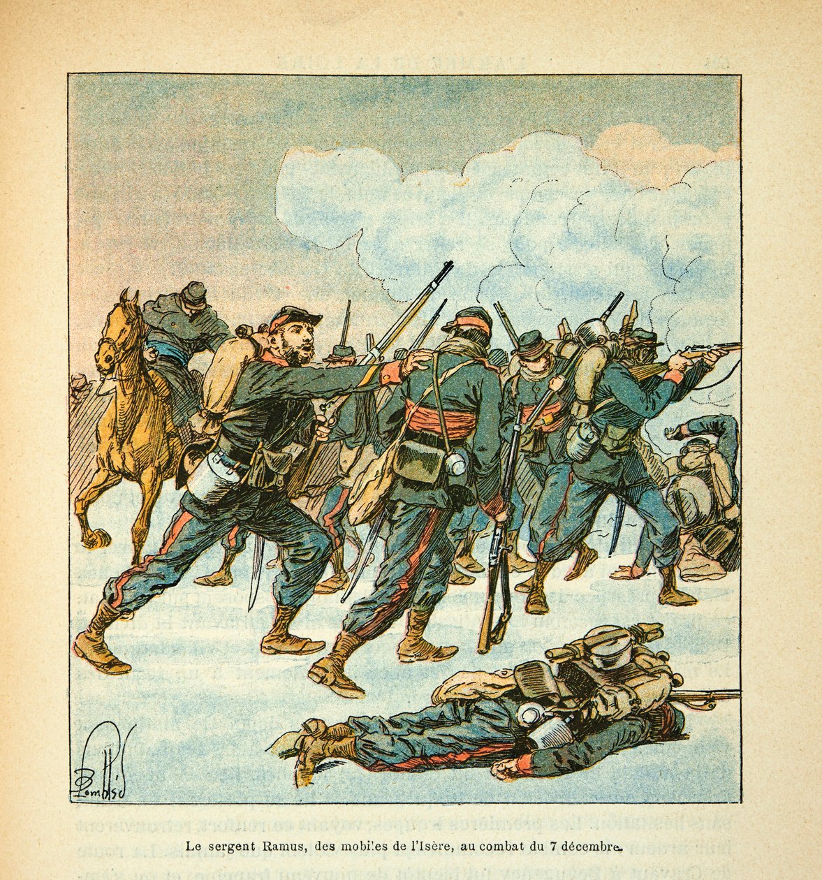 Het leger van de Loire door Eugene Sergeant, geïllustreerd door Louis Bombled: Sergeant Ramus van de mobiele eenheid van Isere in de slag van 7 december door Louis Charles Bombled