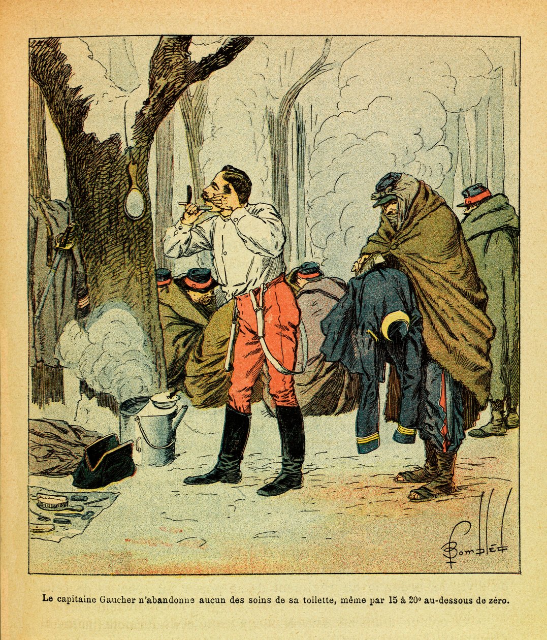 Het Oostelijke Leger van Eugene Sergeant, geïllustreerd door Louis Bombled (1862-1927): Kapitein Gaucher geeft zelfs midden in de winter niet op met de zorg voor zijn toilet, Privécollectie door Louis Charles Bombled