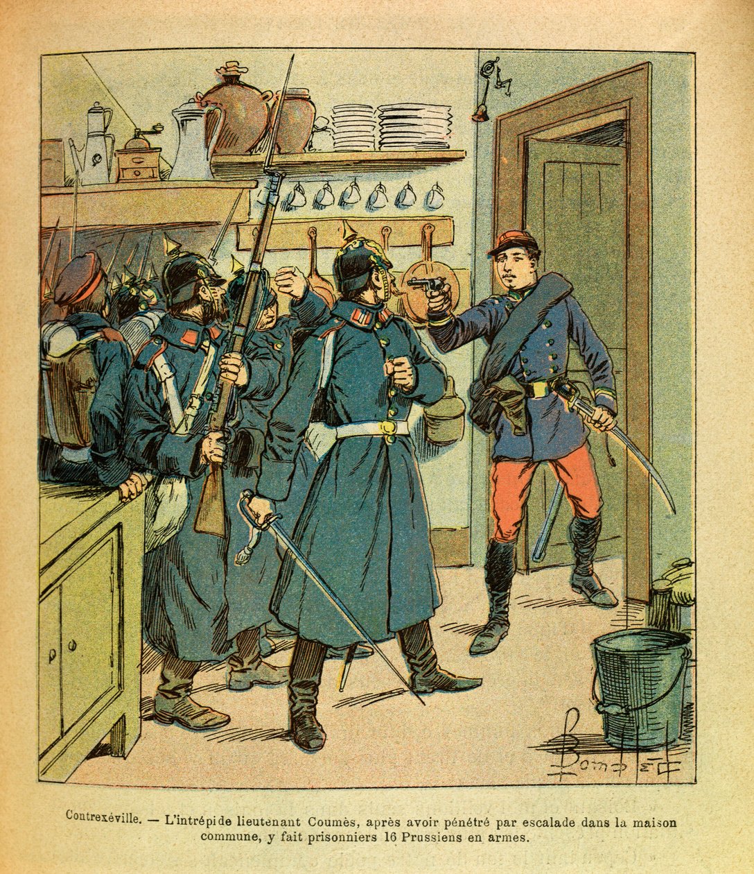 Het Oostelijke Leger van Eugene Sergeant, alias Grenest, geïllustreerd door Louis Bombled (1862-1927) (Frans-Duitse Oorlog; campagne van 1870-1871): In Contrexeville, de onverschrokken luitenant Coumes nam na het beklimmen van het gemeentehuis 16 Pruisen g door Louis Charles Bombled