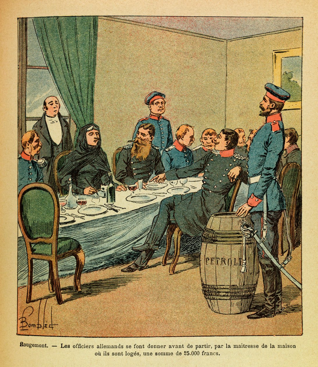 Het Oostelijke Leger van Eugene Sergeant, bekend als Grenest, geïllustreerd door Louis Bombled (1862-1927) (Frans-Duitse Oorlog; campagne van 1870-1871): in Rougemont kregen de Duitse officieren, voordat ze vertrokken, van de meesteres van het huis waar ze door Louis Charles Bombled