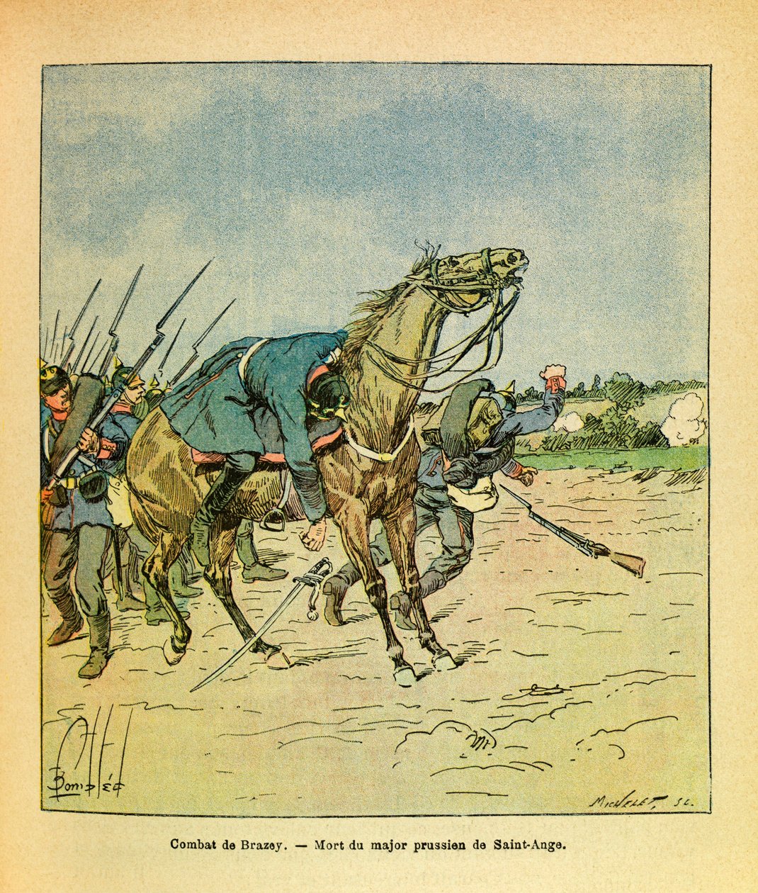 Het Oostelijke Leger van Eugene Sergeant, bekend als Grenest, geïllustreerd door Louis Bombled (1862-1927) (Frans-Duitse Oorlog; campagne van 1870-1871): november 1870, tijdens de gevechten van Brazey, wordt de Pruisische majoor Saint Ange neergeschoten, P door Louis Charles Bombled