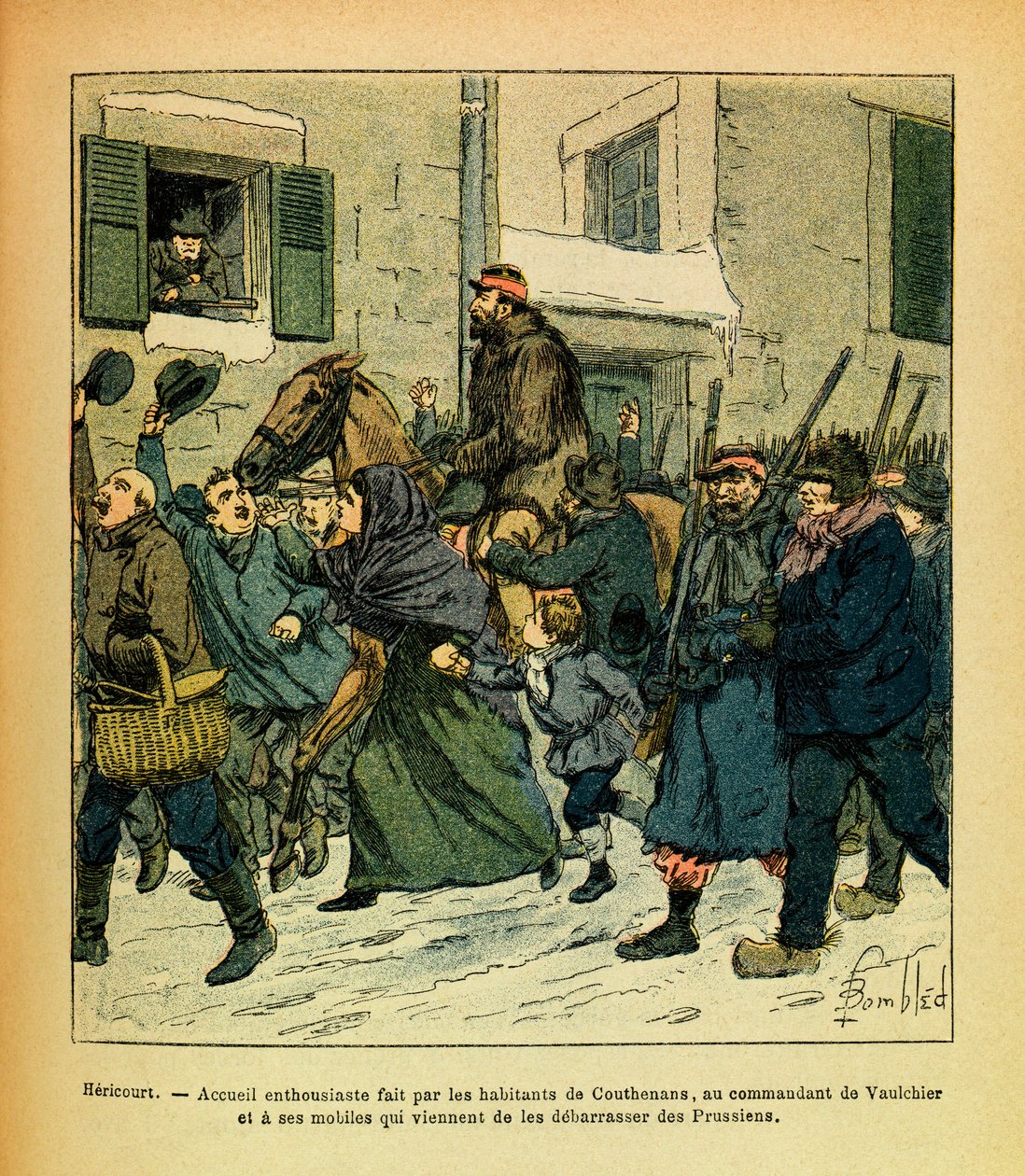 Januari 1871, Hericourt, enthousiasme van de inwoners van Couthenans voor commandant Vaulchier en zijn mannen door Louis Charles Bombled