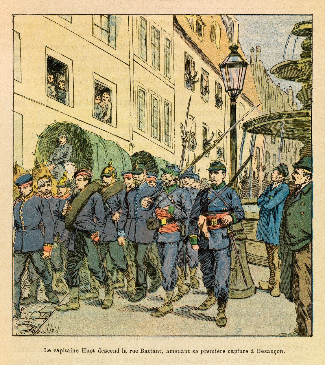 Het Oostelijke Leger van Eugene Sergeant, bekend als Grenest, geïllustreerd door Louis Bombled (1862-1927) (Frans-Duitse Oorlog; campagne van 1870-1871): Kapitein Huot daalt Rue Battant af in Besançon met Pruisische gevangenen gevangen in Bethoncourt les B door Louis Charles Bombled