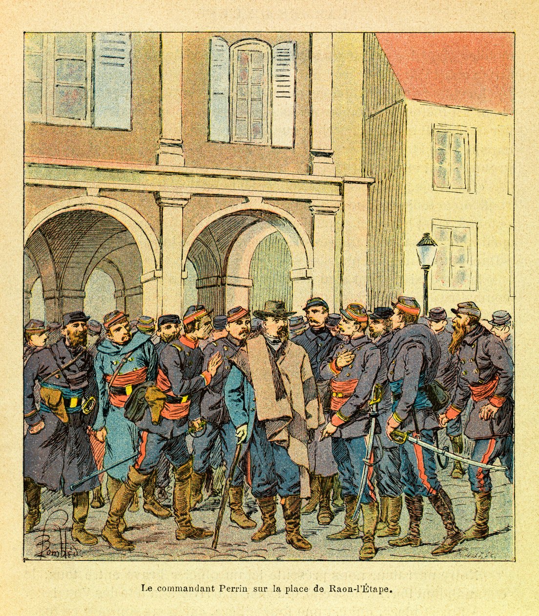 Het Oostelijke Leger van Eugene Sergeant, bekend als Grenest, geïllustreerd door Louis Bombled (1862-1927) (Frans-Duitse Oorlog; campagne van 1870-1871): Commandant Perrin op de Place de Raon-l