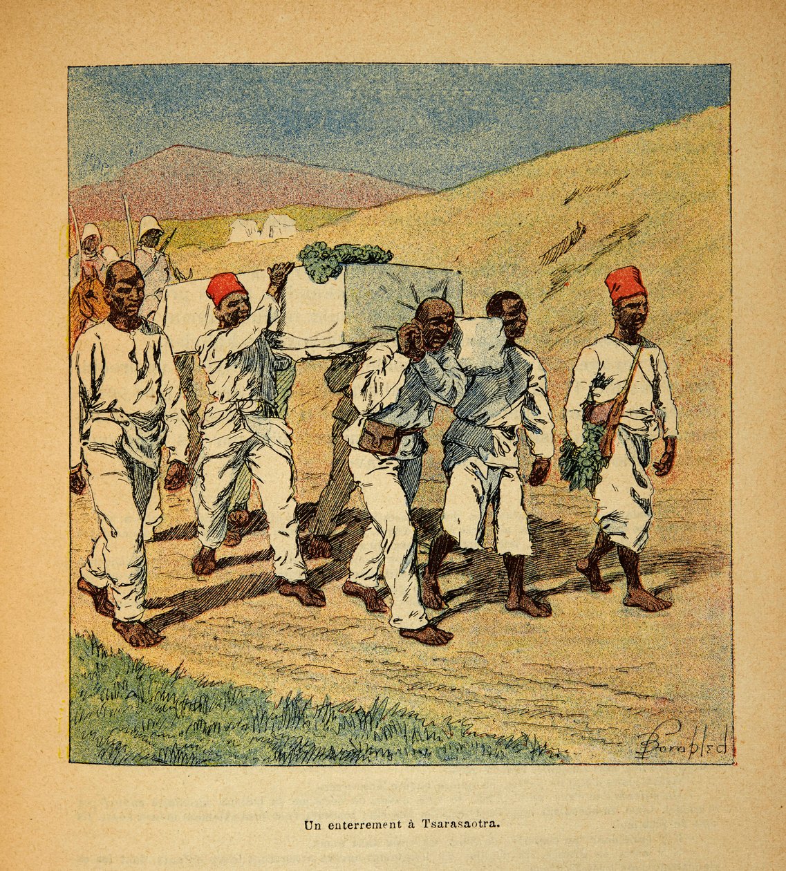 De oorlog in Madagaskar-Anekdotische geschiedenis van de Franse expedities van 1885-1895 door Henri Galli alias Galllichet (1854-1922), geïllustreerd door Louis Bombled (1862-1927): Begrafenis van een soldaat in Tsarasaotra in 1895, Privécollectie door Louis Charles Bombled